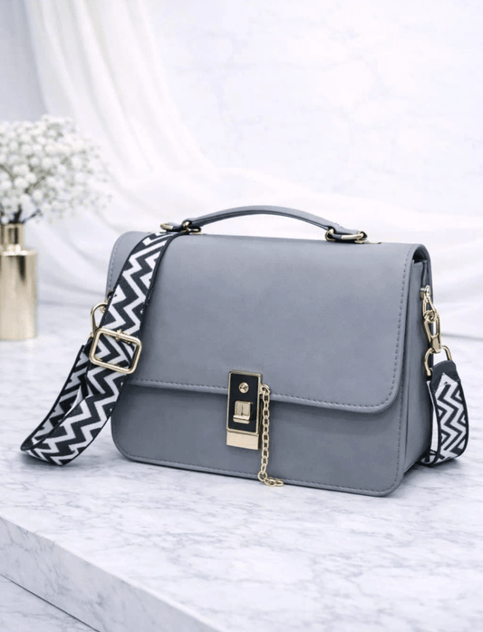 Chevron Strap Satchel Bag with Gold Chain Lock – Premium Vegan Leather - CASSxClassHandbagsChevron Strap Satchel Bag with Gold Chain Lock – Premium Vegan LeatherSilverChevron Strap Satchel Bag with Gold Chain Lock – Premium Vegan Leather