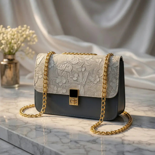 Floral Embossed Chain Crossbody Bag – Luxury Gold Chain Shoulder Bag for Women - CASSxClassHandbagFloral Embossed Chain Crossbody Bag – Luxury Gold Chain Shoulder Bag for WomenblackMarble Studio Shot