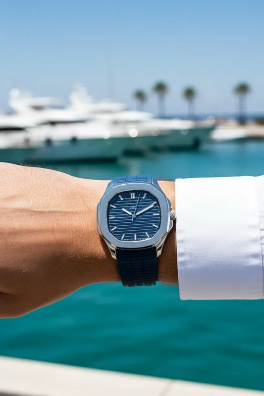 Nautilus Sports Watch – Premium Rubber Strap Watch for Men | Blue, grey, silver & Brown. - CASSxClassWatchNautilus Sports Watch – Premium Rubber Strap Watch for Men | Blue, grey, silver & Brown.greyYacht Marina Wrist Editorial