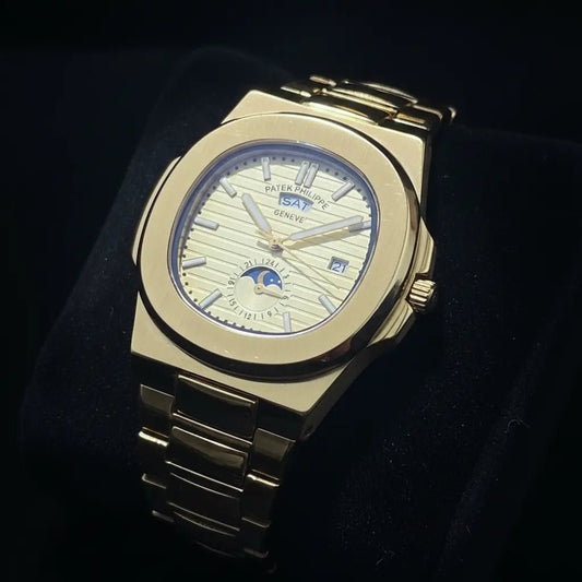 ' PP 'Gold Nautilus Moonphase Watch – Full Gold Steel Bracelet Luxury Watch with Day & Date for Men - CASSxClassWatch' PP 'Gold Nautilus Moonphase Watch – Full Gold Steel Bracelet Luxury Watch with Day & Date for MenyellowGold Velvet Spotlight Hero Shot