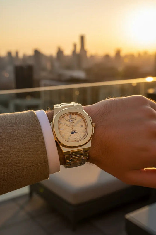 ' PP 'Gold Nautilus Moonphase Watch – Full Gold Steel Bracelet Luxury Watch with Day & Date for Men - CASSxClassWatch' PP 'Gold Nautilus Moonphase Watch – Full Gold Steel Bracelet Luxury Watch with Day & Date for MenyellowGold Suit Penthouse Wrist Editorial