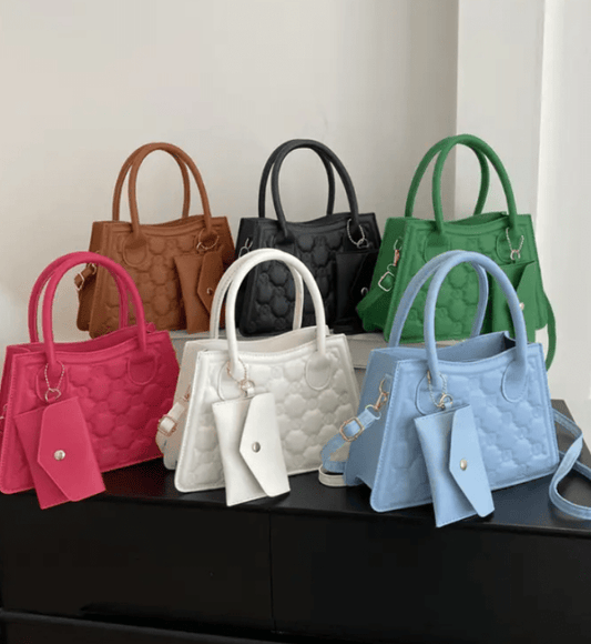 Quilted Heart Embossed Tote Bag with Mini Wallet – 6 Colors - CASSxClassHandbagsQuilted Heart Embossed Tote Bag with Mini Wallet – 6 ColorsBlueQuilted Heart Embossed Tote Bag with Mini Wallet – 6 Colors