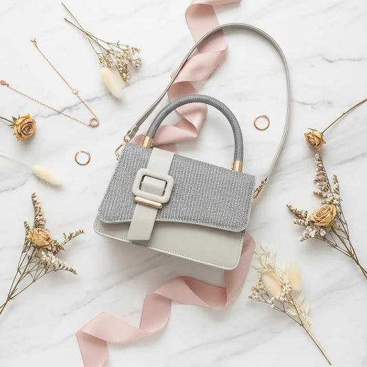 Shimmer Glitter Mini Handbag – Luxury Crossbody Bag with Gold Hardware - CASSxClassHandbagShimmer Glitter Mini Handbag – Luxury Crossbody Bag with Gold HardwareFlat Lay Marble