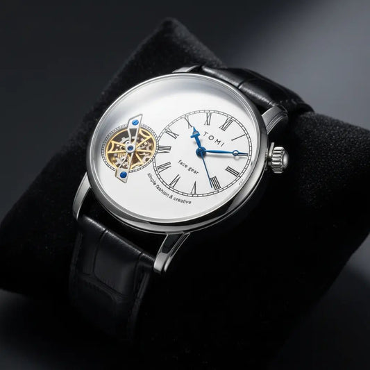 TOMI Face Gear Tourbillon Watch – Open - Heart Gold Gear Mechanical Watch with 2 Leather Straps - CASSxClassWatchTOMI Face Gear Tourbillon Watch – Open - Heart Gold Gear Mechanical Watch with 2 Leather StrapsVelvet Hero Shot