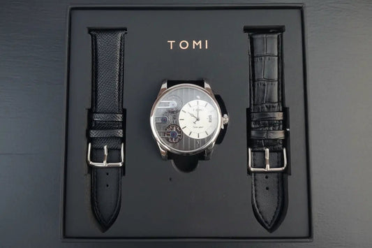TOMI Half - Skeleton Dual Dial Watch – Luxury Mechanical Timepiece with 2 Leather Straps - CASSxClassWatchTOMI Half - Skeleton Dual Dial Watch – Luxury Mechanical Timepiece with 2 Leather StrapsGift Set Flat Lay