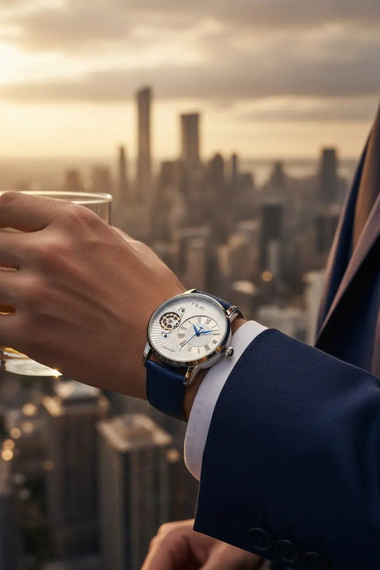 TOMI Open - Heart Tourbillon Watch – Guilloché Dial Luxury Mechanical Watch with Blue & black interchangable Leather Straps - CASSxClassWatchTOMI Open - Heart Tourbillon Watch – Guilloché Dial Luxury Mechanical Watch with Blue & black interchangable Leather StrapsNavy Suit Wrist Editorial