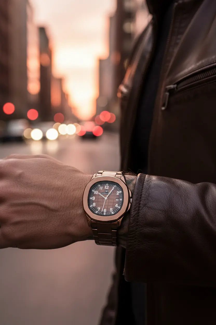 Universe Point Bronze Sports Watch – Rose Gold Aquanaut - Style Steel Bracelet Watch for Men - CASSxClassWatchUniverse Point Bronze Sports Watch – Rose Gold Aquanaut - Style Steel Bracelet Watch for MenUrban Wrist Editorial
