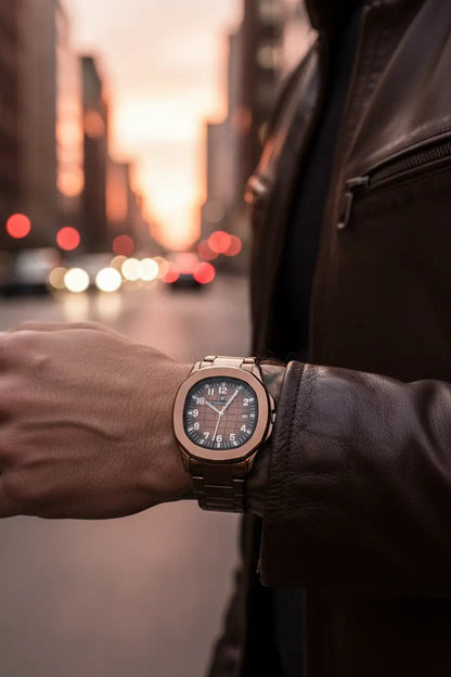 Universe Point Bronze Sports Watch – Rose Gold Aquanaut - Style Steel Bracelet Watch for Men - CASSxClassWatchUniverse Point Bronze Sports Watch – Rose Gold Aquanaut - Style Steel Bracelet Watch for MenUrban Wrist Editorial
