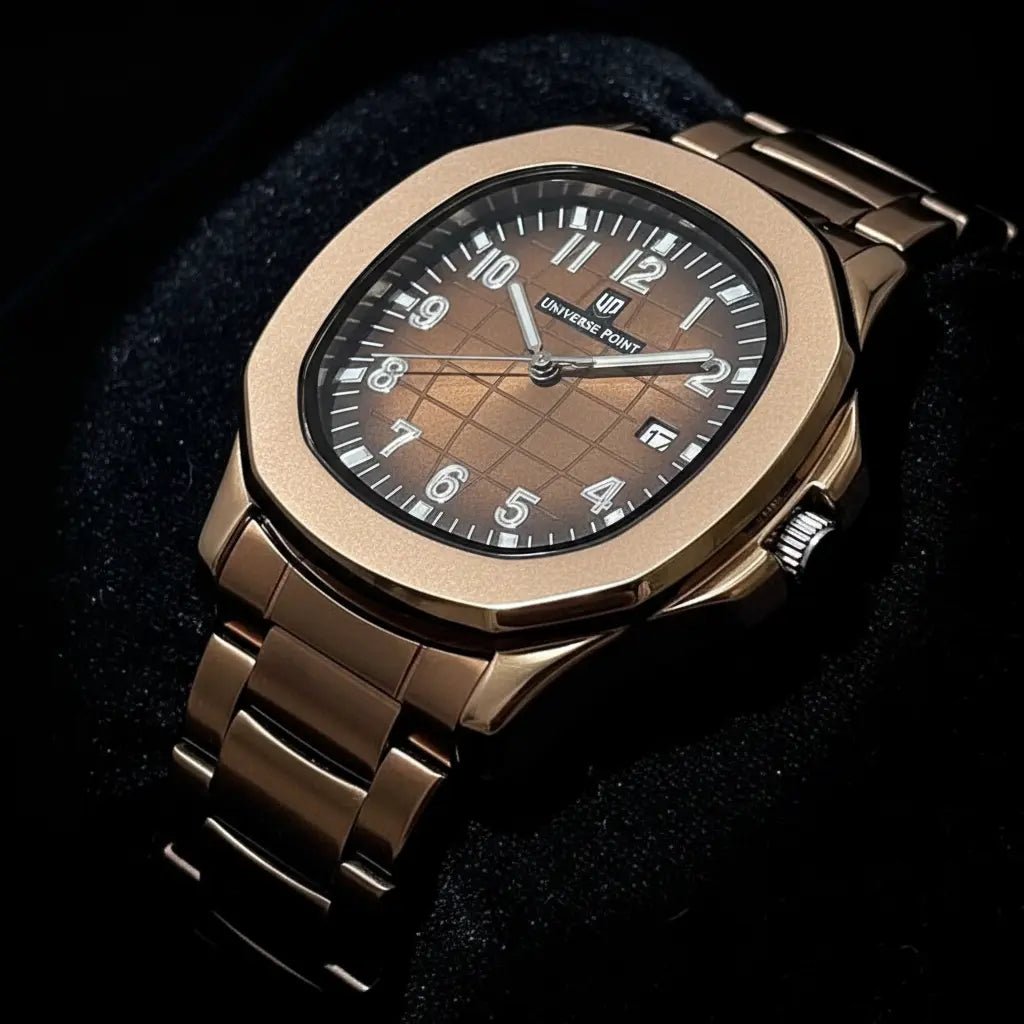 Universe Point Bronze Sports Watch – Rose Gold Aquanaut - Style Steel Bracelet Watch for Men - CASSxClassWatchUniverse Point Bronze Sports Watch – Rose Gold Aquanaut - Style Steel Bracelet Watch for MenVelvet Spotlight Hero Shot