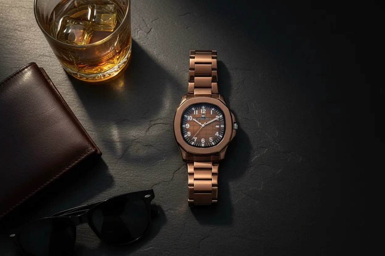 Universe Point Bronze Sports Watch – Rose Gold Aquanaut - Style Steel Bracelet Watch for Men - CASSxClassWatchUniverse Point Bronze Sports Watch – Rose Gold Aquanaut - Style Steel Bracelet Watch for MenMasculine Lifestyle Flat Lay